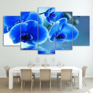 Blue Orchid Flowers - Nature 5 Panel Canvas Art Wall Decor