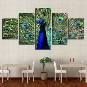 Blue Peacock 1 - Animal 5 Panel Canvas Art Wall Decor