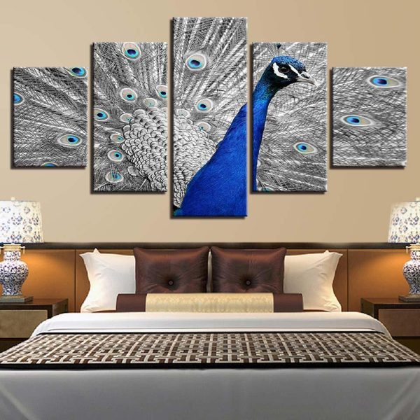 Blue Peacock Gray Tail Screen - Animal 5 Panel Canvas Art Wall Decor