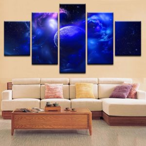 Blue Planet And The Galaxy Far Away 1 - Space 5 Panel Canvas Art Wall Decor