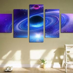 Blue Planet With Rings - Space 5 Panel Canvas Art Wall Decor