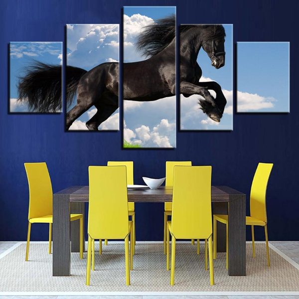 Blue Sky Running Black Horse - Animal 5 Panel Canvas Art Wall Decor