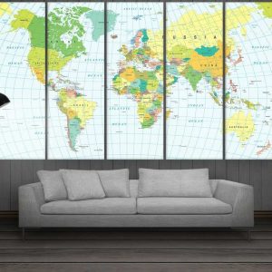 Blue Travel World Map - World Map 5 Panel Canvas Art Wall Decor