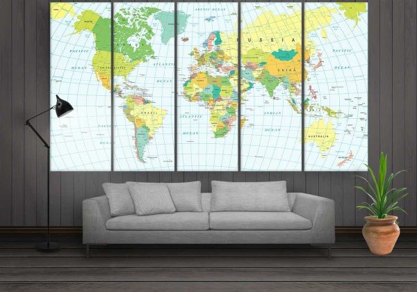 Blue Travel World Map - World Map 5 Panel Canvas Art Wall Decor