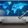 Blue World Map - World Map 5 Panel Canvas Art Wall Decor