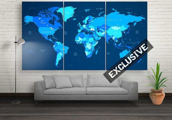 Blue World Map - World Map 5 Panel Canvas Art Wall Decor