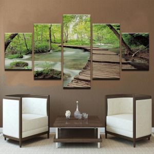 Boardwalk Bridge In The Forest - Nature 5 Panel Canvas Art Wall Decor