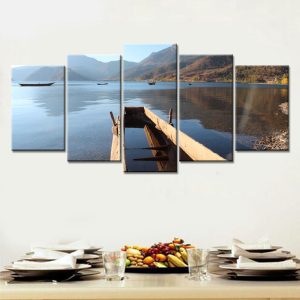 Boat Sets Sail On The Mountain Lake - Nature 5 Panel Canvas Art Wall Decor