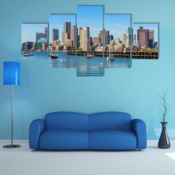 Boston Skyline Seen From Piers Park Nature - 5 Panel Canvas Art Wall Decor