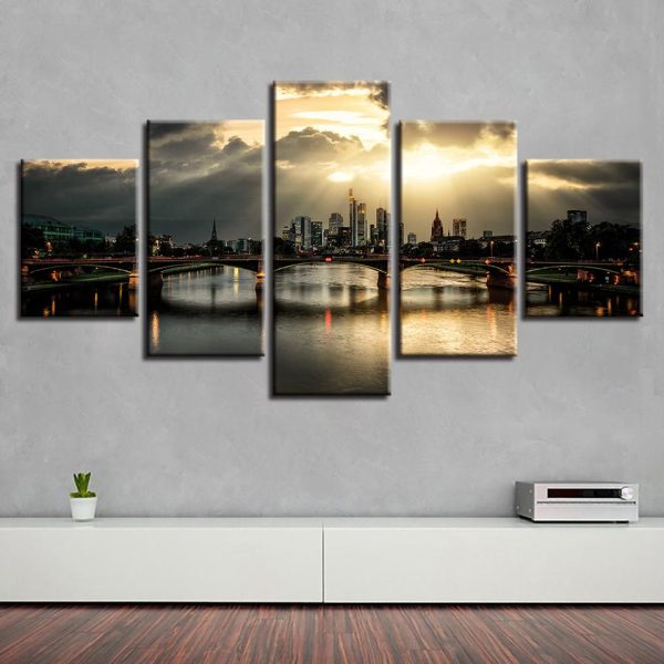 Bridge Building Sunshine City - Nature 5 Panel Canvas Art Wall Decor