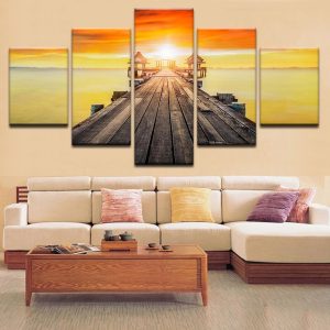 Bridge Leading To Paradise With A Sunset - Nature 5 Panel Canvas Art Wall Decor