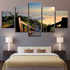 Bridge Tree Sunrise - Nature 5 Panel Canvas Art Wall Decor