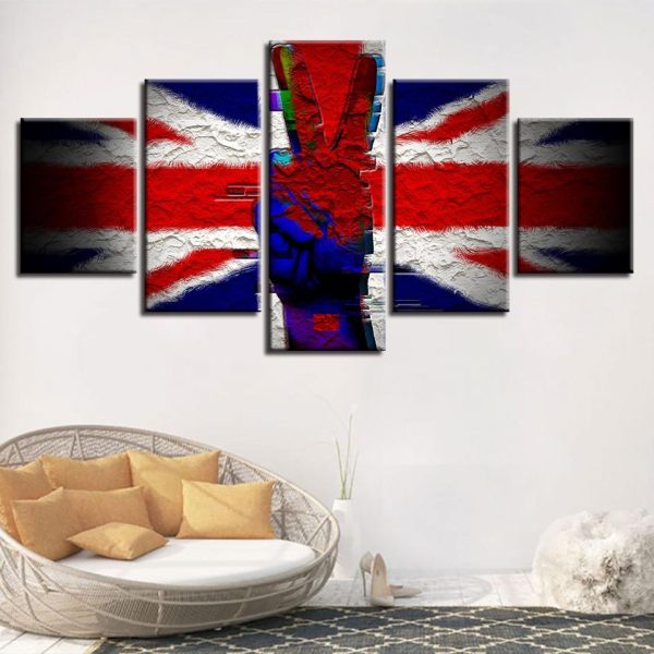 British Flag And Victory Scissors Hand - Abstract 5 Panel Canvas Art Wall Decor