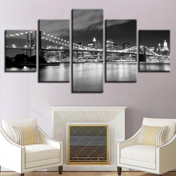 Brooklyn Bridge At Night - Nature 5 Panel Canvas Art Wall Decor