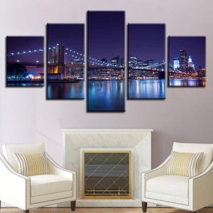 Brooklyn Bridge Glow - Nature 5 Panel Canvas Art Wall Decor