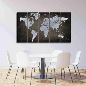 Brown And Silver World Map - World Map 5 Panel Canvas Art Wall Decor