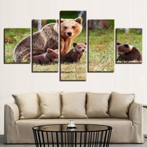 Brown Bear Mama And Cubs - Animal 5 Panel Canvas Art Wall Decor