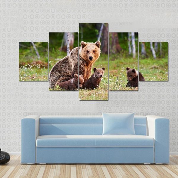 Brown Mother Bear Protecting Her Cubs Animal - 5 Panel Canvas Art Wall Decor