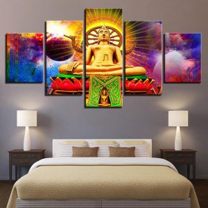 Buddha And Abstract Planets - Religion 5 Panel Canvas Art Wall Decor