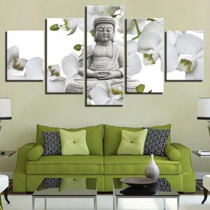 Buddha And Flower White Butterfly Orchid - Religion 5 Panel Canvas Art Wall Decor