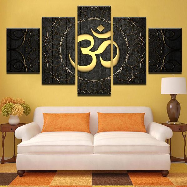 Buddha Om Yoga Golden Symbol - Religion 5 Panel Canvas Art Wall Decor