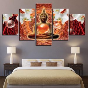 Buddha Statue Moth Orchid Buddhist - Religion 5 Panel Canvas Art Wall Decor