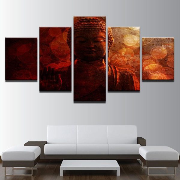 Buddha Statue Red Psychedelic - Religion 5 Panel Canvas Art Wall Decor