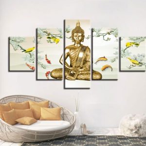 BuddhaS Meditation And Carp - Religion 5 Panel Canvas Art Wall Decor