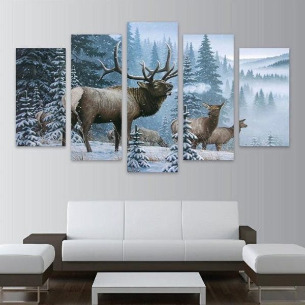 Bugling Bull Elk - Animal 5 Panel Canvas Art Wall Decor