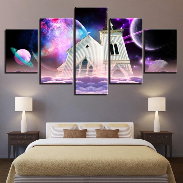 Building And Cloud Abstract Earth Planets - Nature 5 Panel Canvas Art Wall Decor