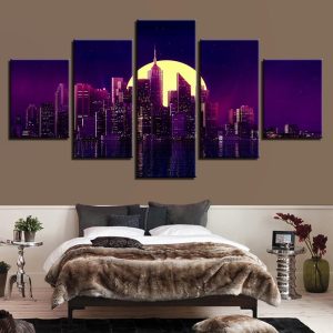 Building Moon City Night - Nature 5 Panel Canvas Art Wall Decor