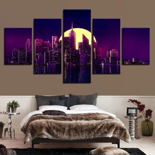 Building Moon City Night - Nature 5 Panel Canvas Art Wall Decor