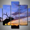 Bull Elk At Sunset - Animal 5 Panel Canvas Art Wall Decor