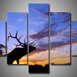 Bull Elk At Sunset - Animal 5 Panel Canvas Art Wall Decor