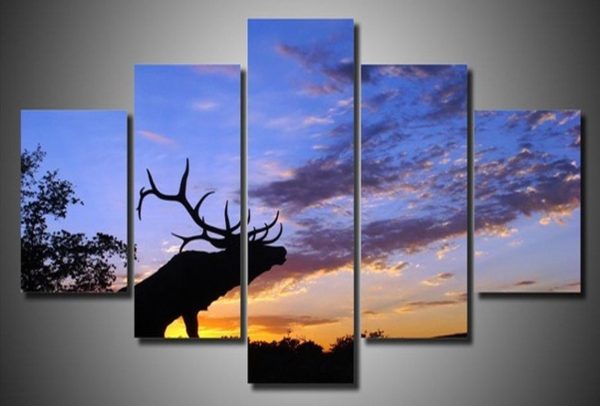 Bull Elk At Sunset - Animal 5 Panel Canvas Art Wall Decor