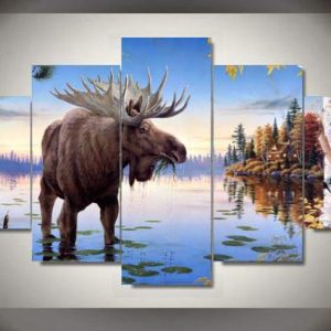 Bull Moose Feeding In Shallows - Animal 5 Panel Canvas Art Wall Decor