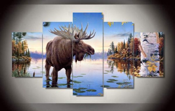 Bull Moose Feeding In Shallows - Animal 5 Panel Canvas Art Wall Decor