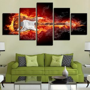 Burning Guitar Rock Electric - Music 5 Panel Canvas Art Wall Decor