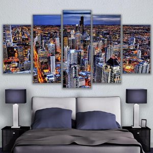 Busy Night In Hong Kong City Landscape - Nature 5 Panel Canvas Art Wall Decor