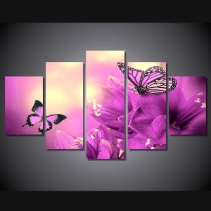 Butterfly Flower Purple Violet 01 - Animal 5 Panel Canvas Art Wall Decor