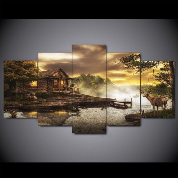 Cabin On The Lake Deer Nature River Nature - 5 Panel Canvas Art Wall Decor