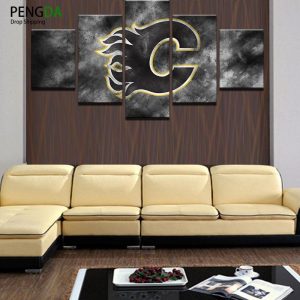 Calgary Flames Black Logo - Sport 5 Panel Canvas Art Wall Decor