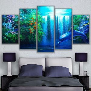 Calming Dolphin Waterfall - Abstract Animal 5 Panel Canvas Art Wall Decor