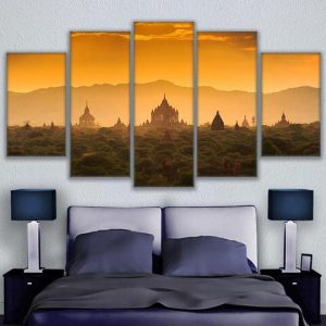 Cambodia Sunrise - Nature 5 Panel Canvas Art Wall Decor