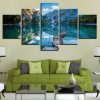 Canoes On Mountain Lake - Nature 5 Panel Canvas Art Wall Decor