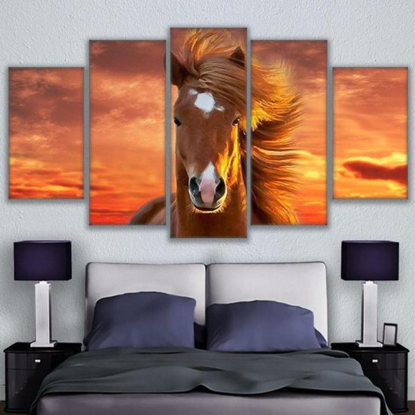 Captivating Horse Animal Sunset - Animal 5 Panel Canvas Art Wall Decor