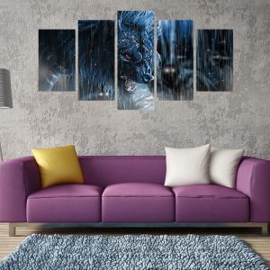 Cartoon Rainy Day Fierce Wolf Ation - Catoon 5 Panel Canvas Art Wall Decor