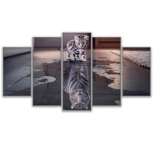 Cat Kitty New Cuadros Tiger Reflection Animal - 5 Panel Canvas Art Wall Decor