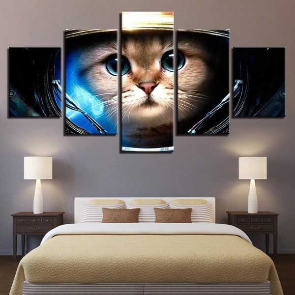 Cat Wearing The Space Helmet Lovely Abstract Animal - 5 Panel Canvas Art Wall Decor