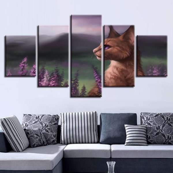 Cats Purple Eyes And Flower - Animal 5 Panel Canvas Art Wall Decor